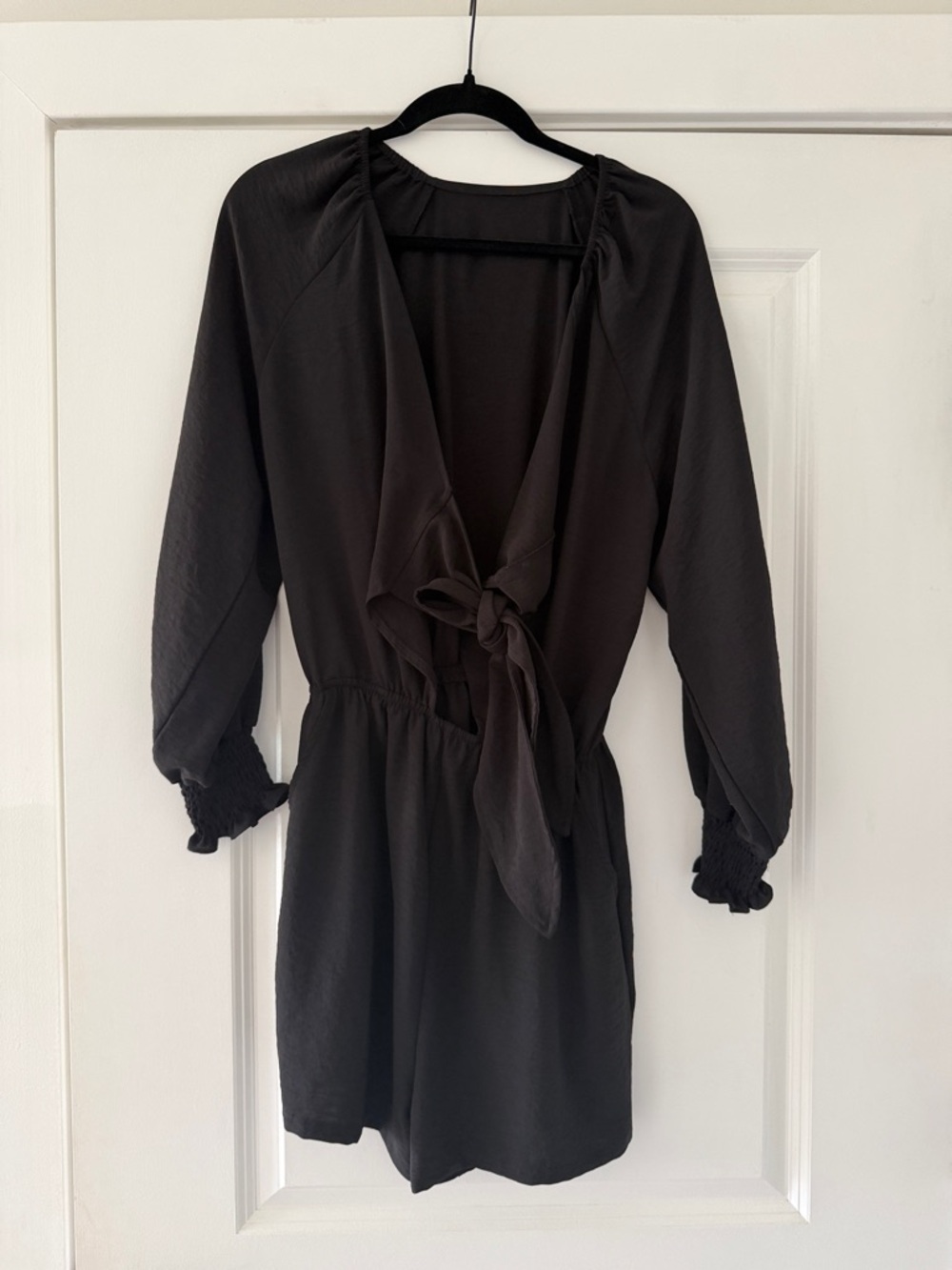 Black Tie-Front Long Sleeve Romper